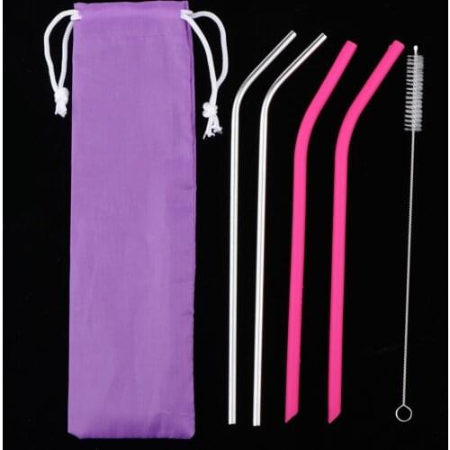Premium Drinking Straws 2pcs Pink Silicone 2pcs Stainless Steel 1pc