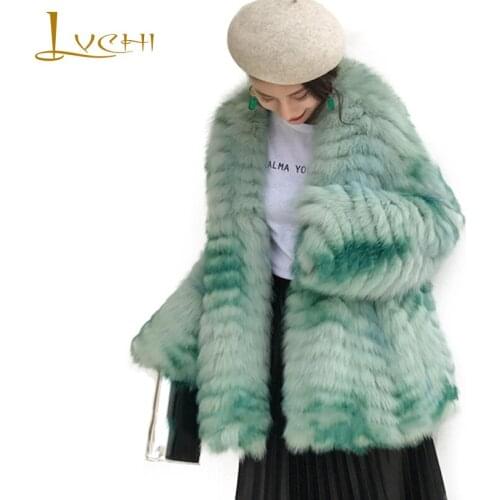 LVCHI 2019 Spring Imported White Fox Fur Coat Slim O-Neck Striped Fox Fur Coat Womens Medium Causal Tie dye Slim Fox Fur Coats