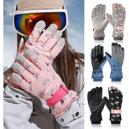 Women Men Winter Waterproof Snow Ski Gloves Cartoon Deer Print Thermal Plush Lined Adjustable Outdoor Snowboard Mittens
