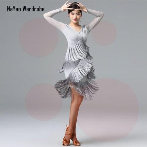 2020 New 7009 Long Sleeve Tassel Design Latin Dance Dress Women Dancing Performance Dress for Ballroom Samba Tango