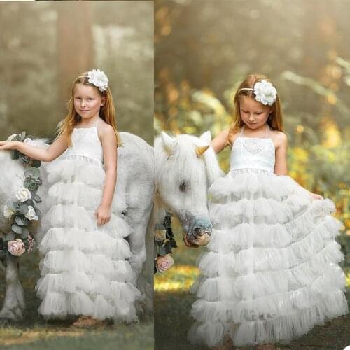 White Tiered Girl Dresses For Wedding Party Ball Gowns Floor Length High Low Girls Pageant Dress First Communion