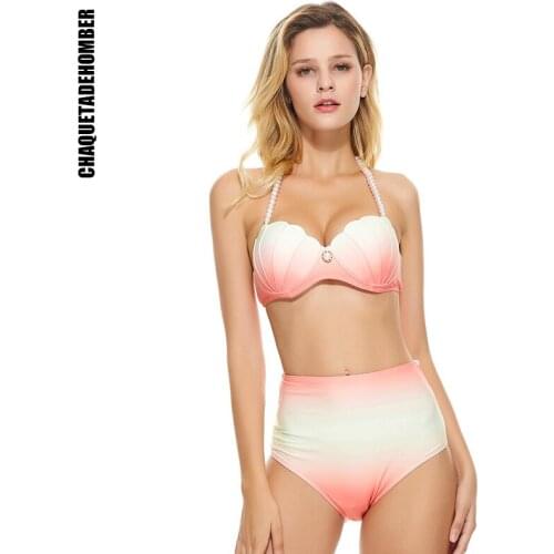 High Waist Bikini Women Swimsuit Orange Gradient Shell Bikini Set Push Up Swimwear Sexy Pearl halter Bathing Suits Beach Wear