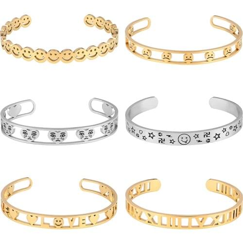Punk Stainless Steel Bracelets For Women Bangle Bracelet Smile Face Roman Numeral Bracelet Geometric Open Cuff Bracelet Jewelry