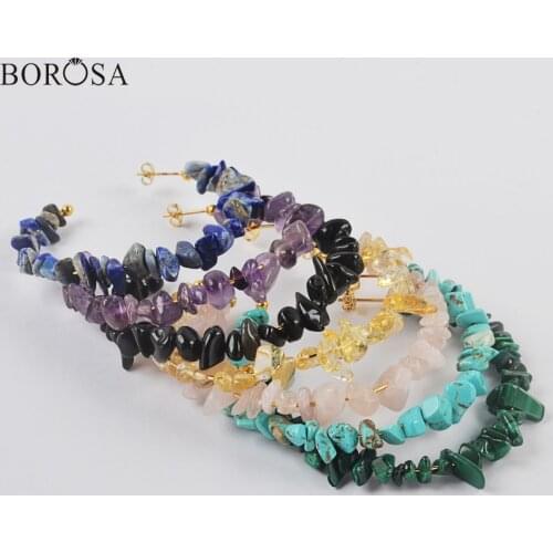 Handcrafted Gems Stone Beads Chips Earrings Natural Amethysts Lapis Beads Hoop Earring Crystal Earrings for Women HD0358