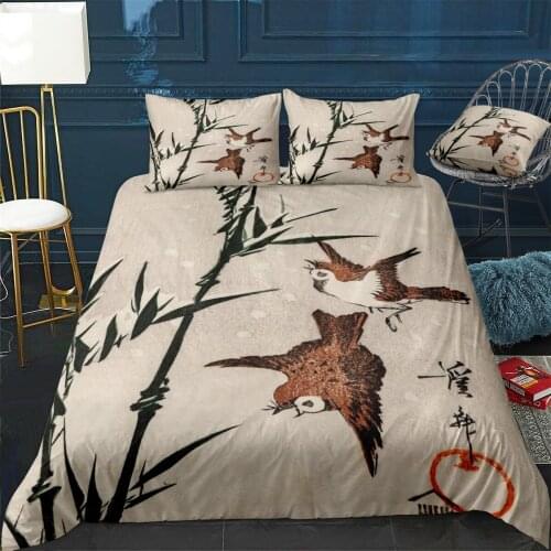 Bamboo and birds Quilt Cover Pillowcase 3Piece Comforter Bedding Set With Pillow Case Single Double Duvet Cover Home Decora