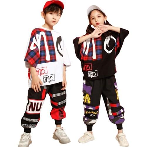 Kids Unisex Plaid Print Hoodie Tshirt Jogging Pants Suit Boys Cargo Pants Hip Hip Clothes Set Street Dance Costume for Girls