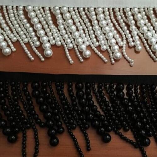 Long pearl fringe beaded lace trim garment dress tassel lace decoration shoes ornaments white black hanging bead curtain