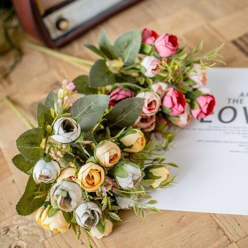 Natural Looking 15 Heads Mini Silk Roses Fake Small Artificial Flowers Bouquets for Home Wedding Decoration Party Accessories