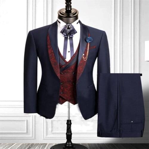 Custom Made 3-piece Wedding Tuxedos Party Fit Formal Business For Best Man Suits Navy Printed Peaked Lapel Blazer Suit