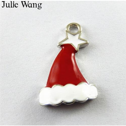 Julie Wang 10PCS Alloy Red Enamel Christmas Hat Charms Necklace Pendant Earrings Decoration Findings Jewelry Making Accessory