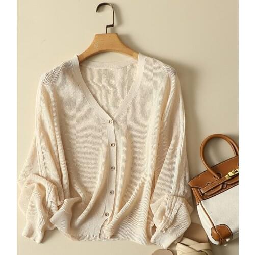 Thin Knitted Women Cardigan Summer New Design 2021 V-Neck Solid Batwing-Sleeved Loose Lady Elegant Outwear Coats Tops