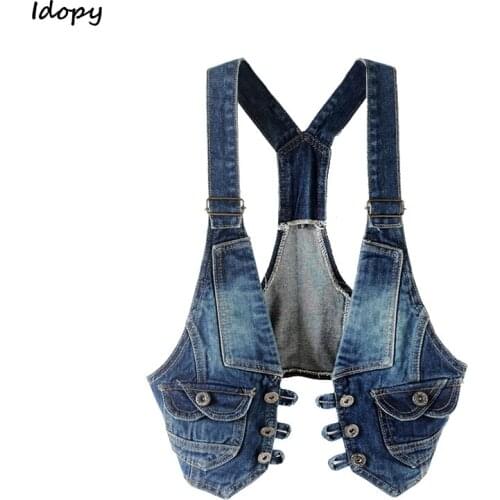 Idopy Women Denim Sleeveless Jacket Vintage Punk Style Biker Motorcycle Casual Slim Fit Jean Gilet For Female