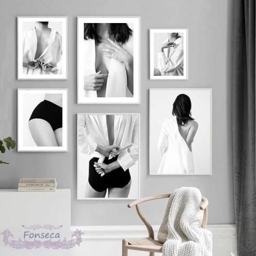 Fashion Black White Sexy Girl Wearing Shirt Canvas Painting Calligraphy Quotes Print Poster Wall Art Picture Modern Decoration