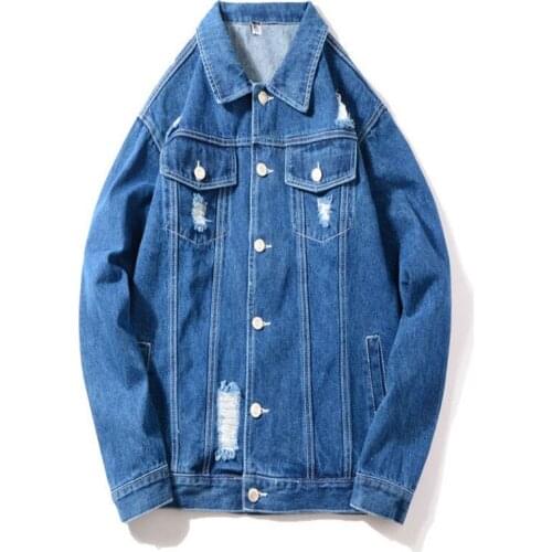 Fashion denim jacket ripped spring loose jeans jacket retro casual mens Japanese style single-breasted male jacket