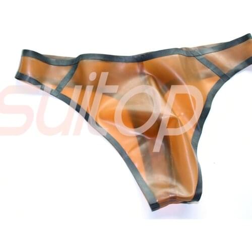 Men 's rubber latex briefs thong in trasparent brown and black