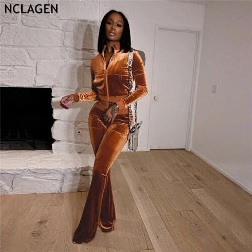 NCLAGEN 2021 Women Casual Suit Zip Up Crop Sweatshirts Coat Drawstring Booty Pants Slim Street Fashion Velour Two Pieces Set