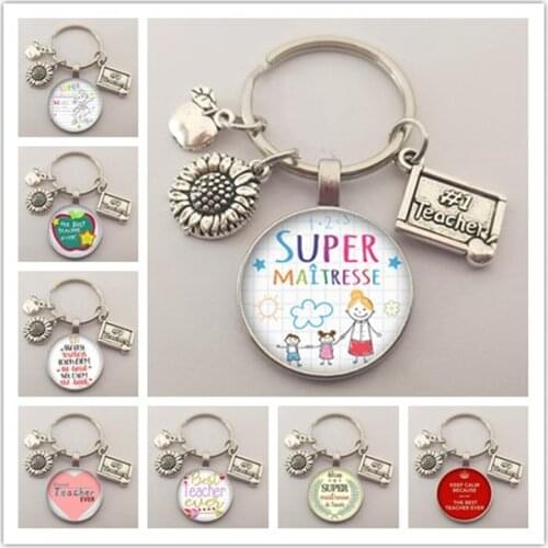 New teachers day gift keychain jewelry thank you teacher cute pattern pendant glass round charm bag keychain souvenir