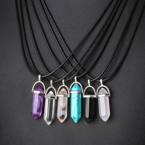 Hexagonal Column Necklaces Natural Crystal Pendants Pink Blue Stone Pendant Leather Rope Chain Necklace for Women Trendy Jewelry