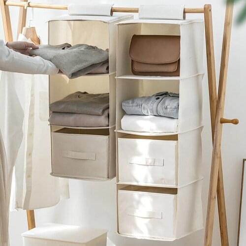 Hanging Wardrobe Storage Bag with 3 Natural Canvas Pocket Racks Underwear Wardrobe Storage