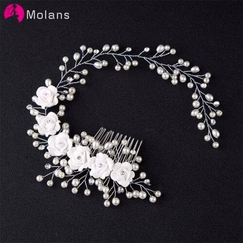 MOLANS Delicate Handmade Pearl Floral Headbands for Bride Wedding Ornament Alloy Twisted with Hair Comb for Temperament Women