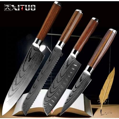 XITUO Profession Chef Knife 4PC Gyuto Nakiri Knife Japanese Santoku Frozen Knife Serrated Slicing Filleting Steak