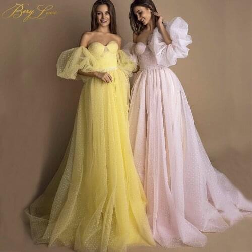 Pink Prom Dresses Wome Dot Tulle Pleat A-line Long Yellow Party Dress Formal Puffy Sleeves Elegant Dress Young Girl Vestido