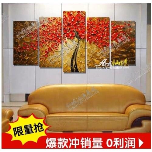 Hand Made Red White Gustav Klimt Yellow Tree Of Life Abstract Oil Painting On Canvas Picture 5 Panel Wall Art Home Decoration