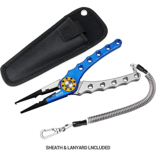 Fishing Aluminum Fishing Pliers Hook Remover Braid Line Cutting and Split Ring with Coiled Lanyard and Sheath