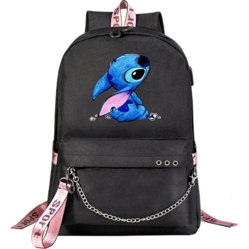 Disney Anime Lilo & Stitch Backpacks with USB Angle Charging Students School Bags Men Women Leisure Travel Backpack Paquetes