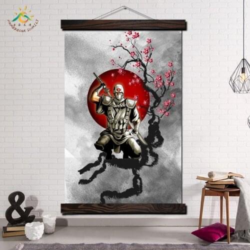 Samurai in Cherry Sun Modern Wall Art Print Pop Art Posters and Prints Scroll Canvas Painting Wall Pictures for Living Room