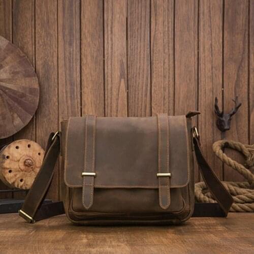 Handmade cowhide retro messenger bag horizontal Japanese Hong Kong style leather shoulder bag Crazy Horse leather mens bag