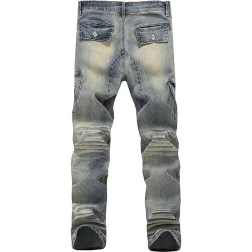 Vintage Trousers Mens Motorcycle Bikers Jeans Slim Fit Elastic Multi-Pocket Cargo Pants Patchwork Hole Ripped Mens Denim Pants
