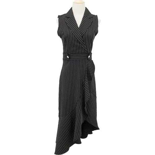 PERHAPS U White Black Striped Button Turn Down Collar Sleeveless Sarafan Ruffle Split Midi Dress D0727