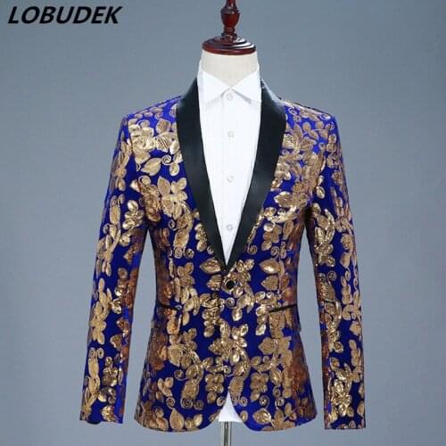 High-end Men Gold Sequins Jacket Fashion Slim Blue Black Red Formal Blazer Coat Nightclub DJ Singer Host Performance Stage Wears