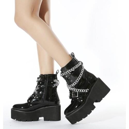 Autumn Winter Boots Women Sexy Chain Boots Ankle Buckle Strap Ankle Boots Square Heel Thick Sole Platform Rock Punk Style
