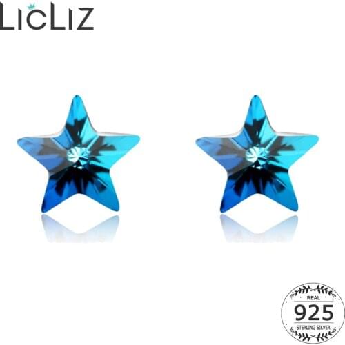 LicLiz New 925 Sterling Silver Star Crystal Stud Earrings for Women Pentagram Jewelry with Blue Green Purple Crystal LE0509