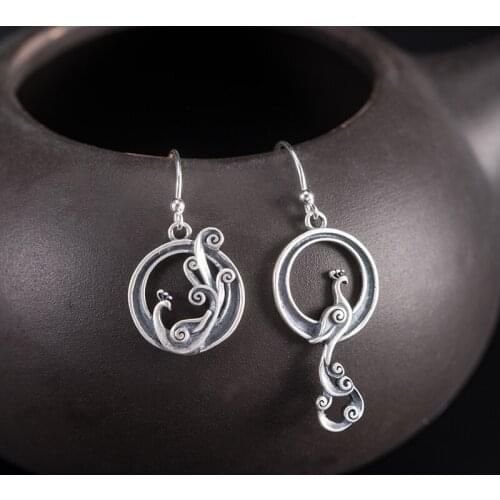 VLA 925 Sterling Silver Retro National Style Peacock Earrings Womens Personality Fashion Temperament Phoenix Earrings