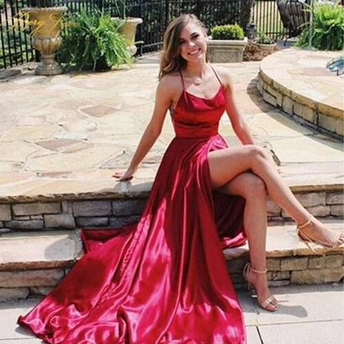 Berylove Sexy Red Satin Evening Dresses Side Slit Backless Prom Dress Spaghetti Strap Scoop Gown Party Dress Abiye robe femme