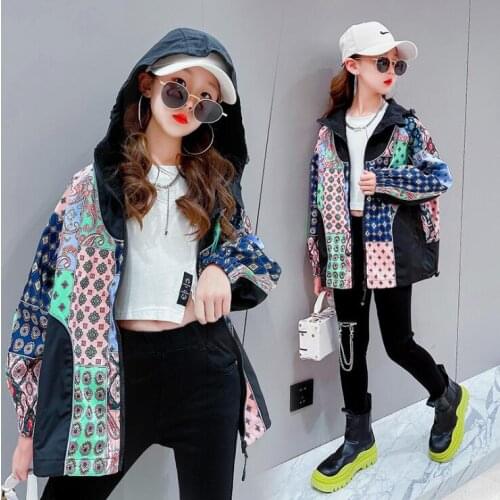 2021 Korean style girls patchwork coat fashion long sleeve autumn girls hooded coat 5-10t B708
