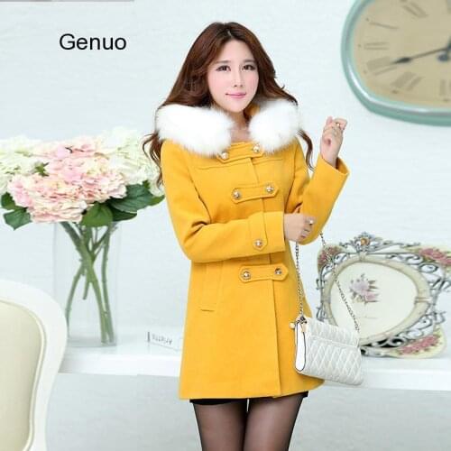 Pink Black Autumn Winter Women Woolen Coat Outerwear Female Medium-Long Trench Sweet Preppy Fur Collar Casual Jacket