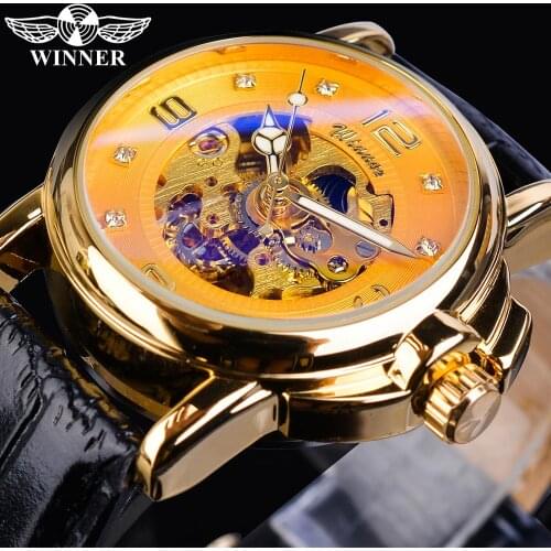 Winner Golden Women Mechanical Watch Automatic Rhinestone Leather Belts Romantic Designer Lady Watches Simple Dress Montre Femme
