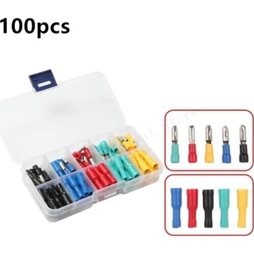 100pcs Assorted Insulated Female & Male Crimp Wire Terminals Brass, 22-16 AWG, 5 Colors