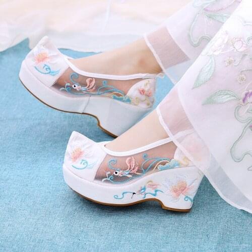 2020 Summer Mesh Shoes High Heel Embroidered Shoes Ancient Style Hanfu Shoes Womens Big Slope with 8cm
