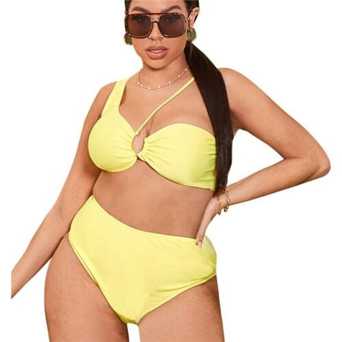 2021 Meihuida Women Plus Size Solid Color Bikini Sets Asymmetric Straps One Shoulder Bra with High Waist Panty Swimsuit Bikinis
