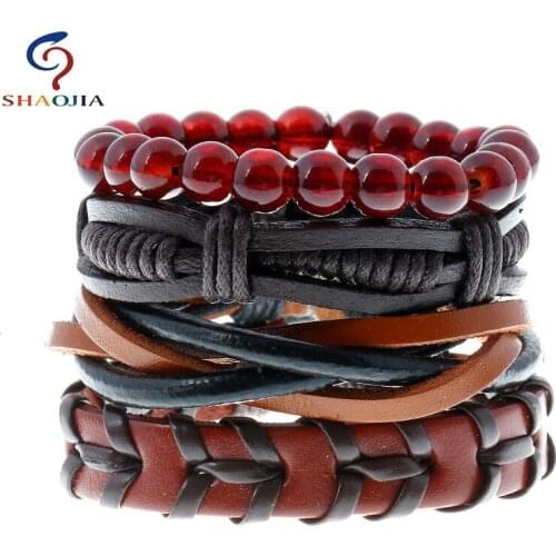 4Psc/set Mens Jewelry Leather Bracelet Vintage Woven Leather + Beads + Wax Line + PU Charm bracelets for women Pulsera