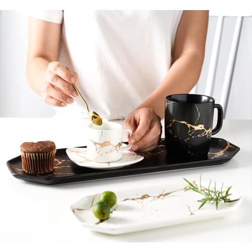 Household Ceramic Plate Rectangular Western Plate Storage Plate Sushi Plate Gold Pattern Plate Black and White