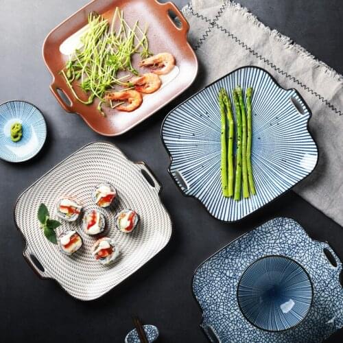 Japanese Style Hefeng Household Ceramic Square Plate Underglaze Color Double Ear Square Plate dinner plates