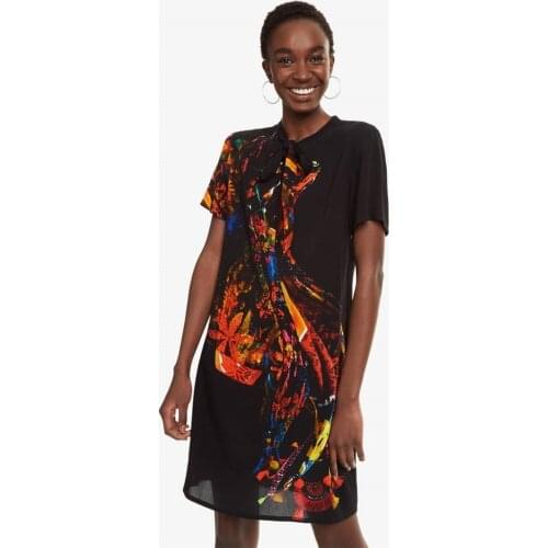 Spanish Desigual Womens Printed V-neck Black Dress Breezy and Flat-slim Fashion Long Top for Women Shows Temperament