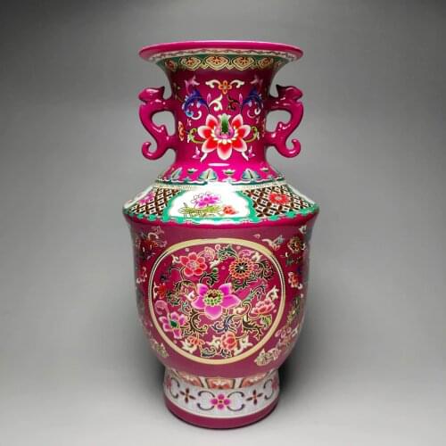 Exquisite Chinese Pastel Porcelain Dragon & Flower Two Ear Special Decorative Vase