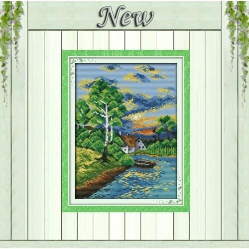 Sunset on the river wild Scenery painting,Counted printed on canvas DMC 14CT 11CT DIY Cross Stitch Needlework kit Embroidery Set